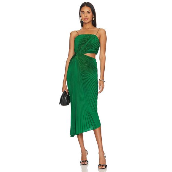 Alice + Olivia Fayeth Midi Dress Pleated Cut-Out Asymmetric Hem Emerald Size 2 - Picture 2 of 15